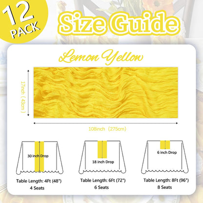 12 Pack Lemon Yellow Cheesecloth Table Runner 17 x 108 Inch | Boho Gauze Cheese Cloth Fabric Rustic Sheer for Holiday Baby Shower Party Birthday Home Wedding Decoration