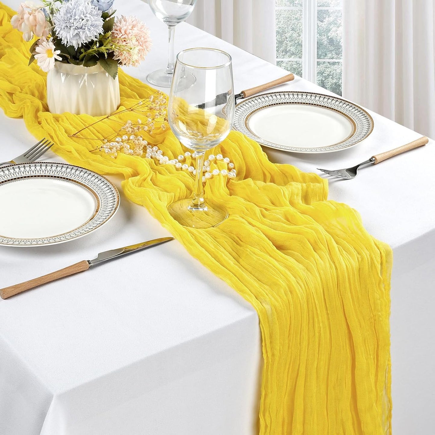 12 Pack Lemon Yellow Cheesecloth Table Runner 17 x 108 Inch | Boho Gauze Cheese Cloth Fabric Rustic Sheer for Holiday Baby Shower Party Birthday Home Wedding Decoration