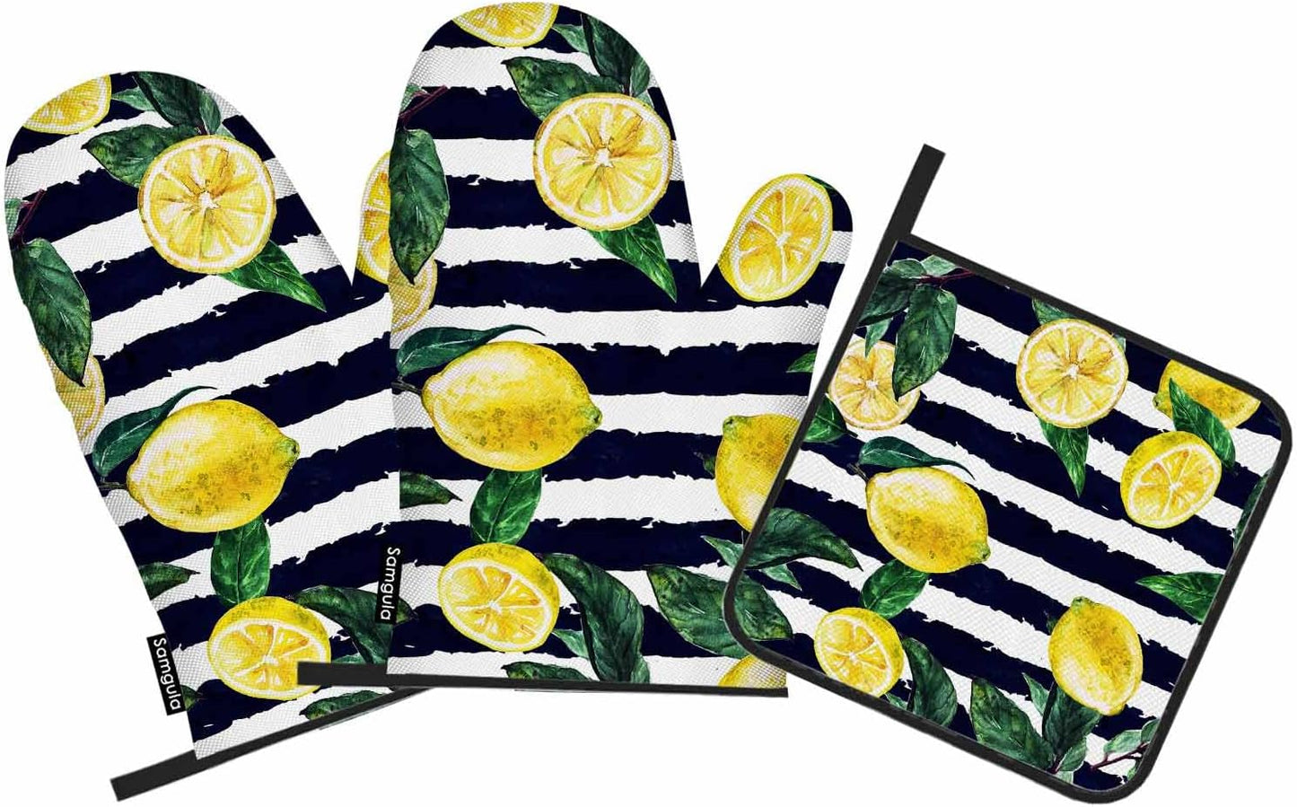 Lemon Oven Mitts and Pot Holders Sets Leaves Black White Stripe Heat Resistant 3pcs for Cooking Baking BBQ
