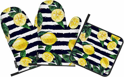 Lemon Oven Mitts and Pot Holders Sets Leaves Black White Stripe Heat Resistant 3pcs for Cooking Baking BBQ