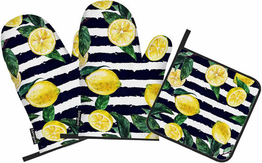 Lemon Oven Mitts and Pot Holders Sets Leaves Black White Stripe Heat Resistant 3pcs for Cooking Baking BBQ