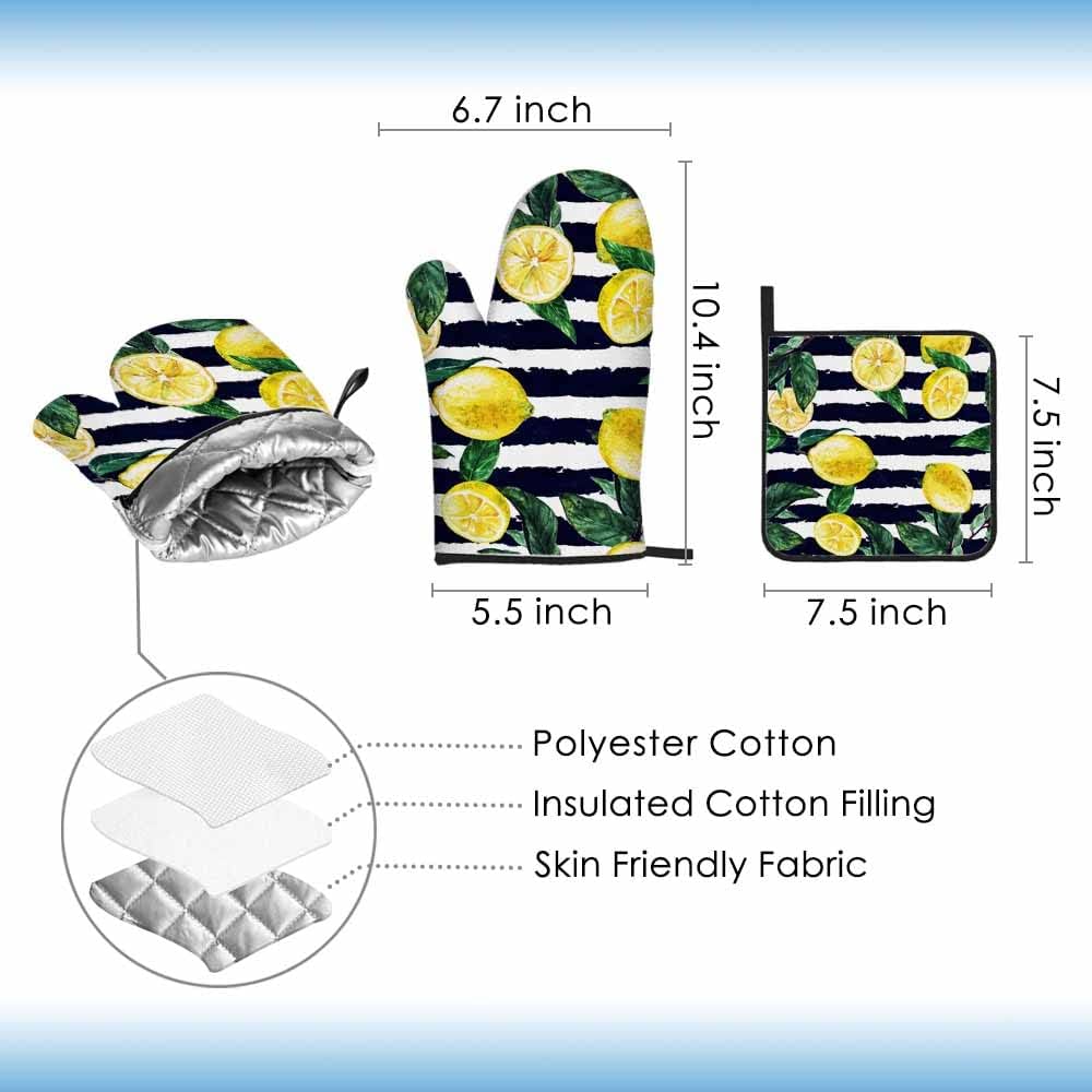 Lemon Oven Mitts and Pot Holders Sets Leaves Black White Stripe Heat Resistant 3pcs for Cooking Baking BBQ