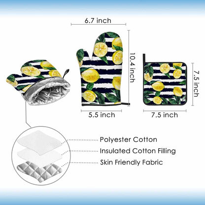 Lemon Oven Mitts and Pot Holders Sets Leaves Black White Stripe Heat Resistant 3pcs for Cooking Baking BBQ