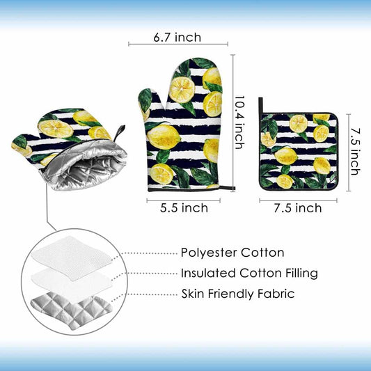 Lemon Oven Mitts and Pot Holders Sets Leaves Black White Stripe Heat Resistant 3pcs for Cooking Baking BBQ