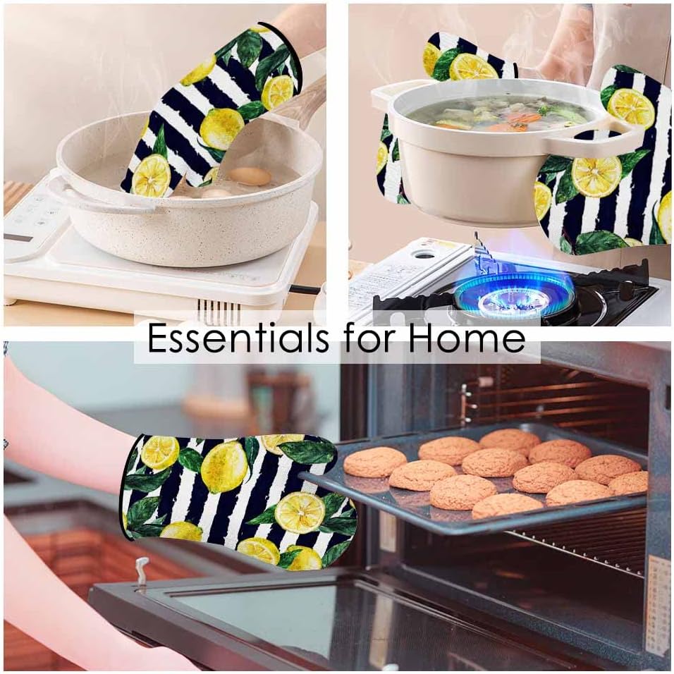 Lemon Oven Mitts and Pot Holders Sets Leaves Black White Stripe Heat Resistant 3pcs for Cooking Baking BBQ
