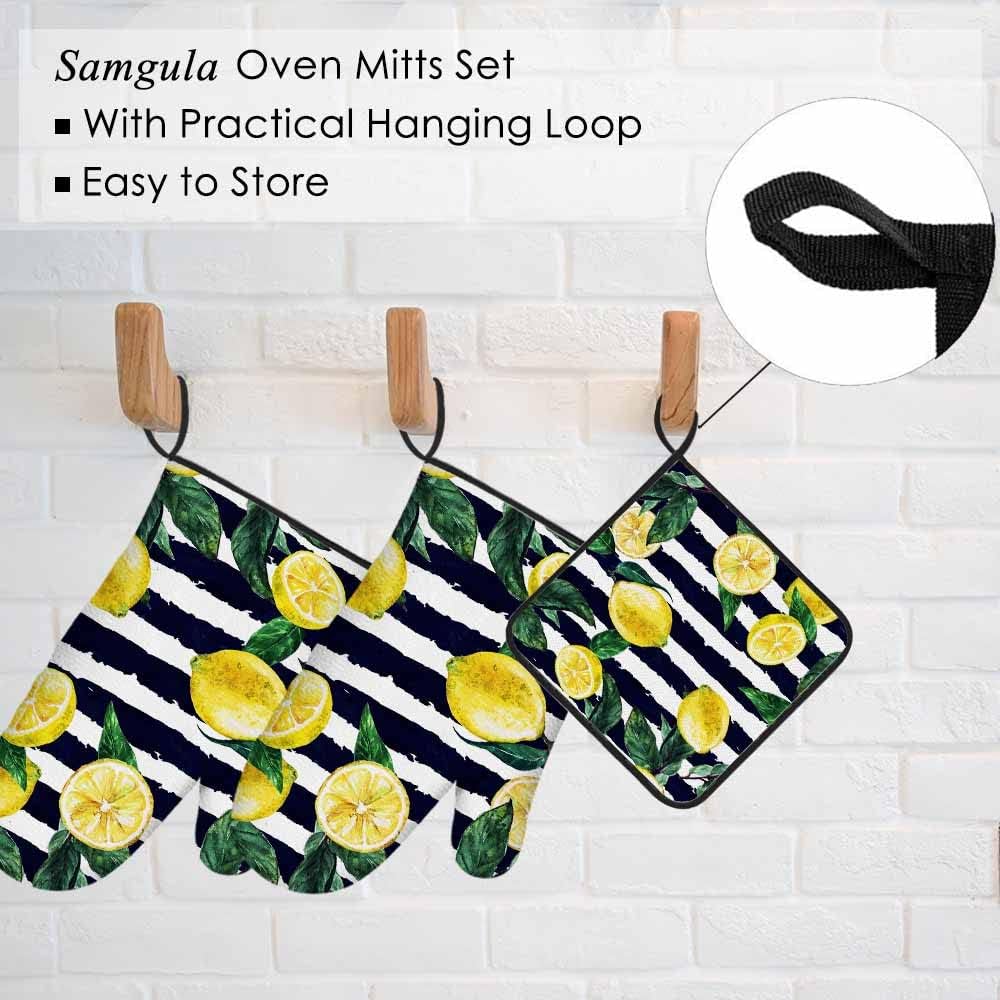 Lemon Oven Mitts and Pot Holders Sets Leaves Black White Stripe Heat Resistant 3pcs for Cooking Baking BBQ