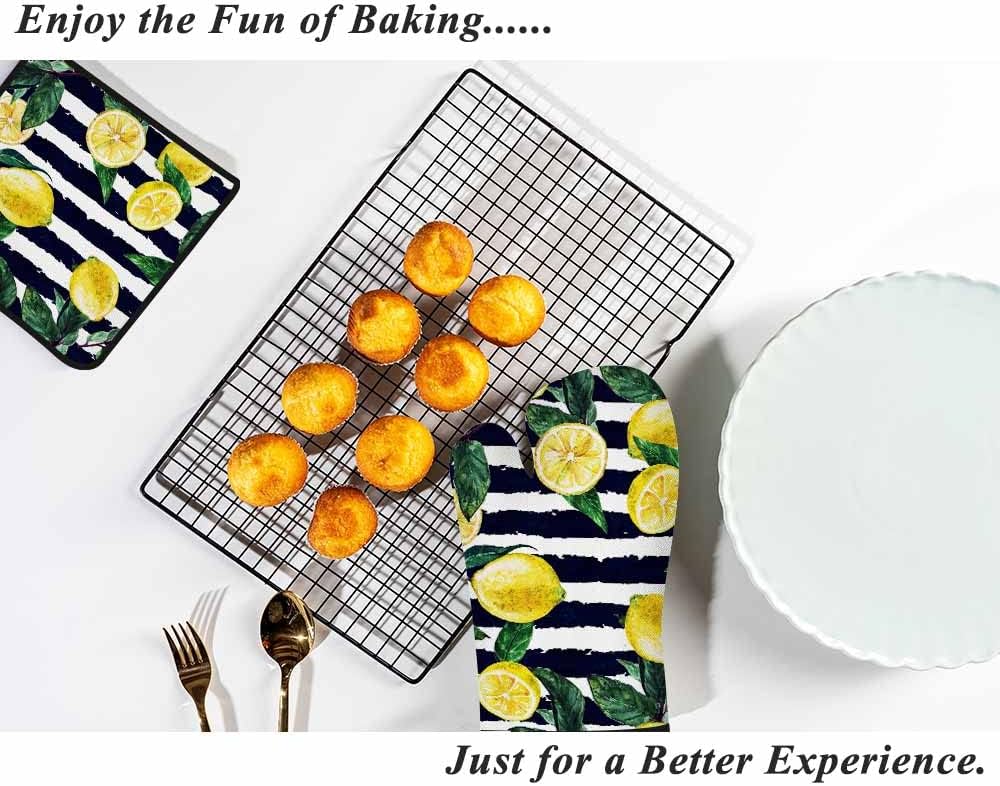 Lemon Oven Mitts and Pot Holders Sets Leaves Black White Stripe Heat Resistant 3pcs for Cooking Baking BBQ