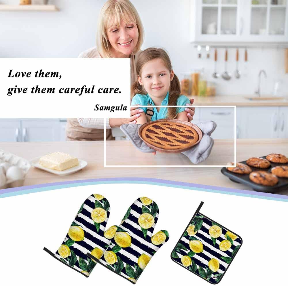 Lemon Oven Mitts and Pot Holders Sets Leaves Black White Stripe Heat Resistant 3pcs for Cooking Baking BBQ