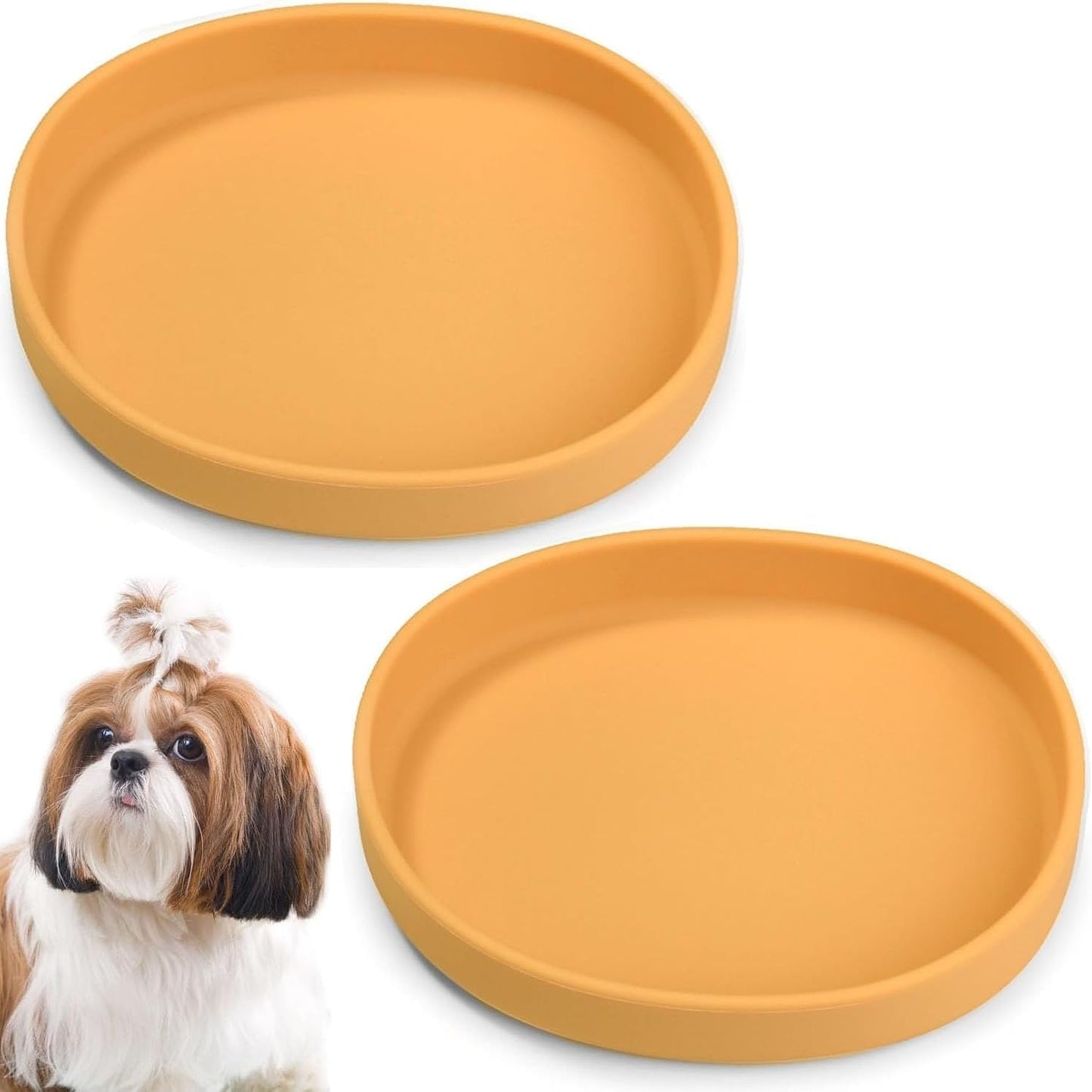 Silicone Dog Food Plate Shallow Dog Bowl Flat Cat Dish Small Puppy Plates for Small Dogs and Cats Whisker Fatigue Pet Feeding Bowls for Dry and Wet Food (Yellow)