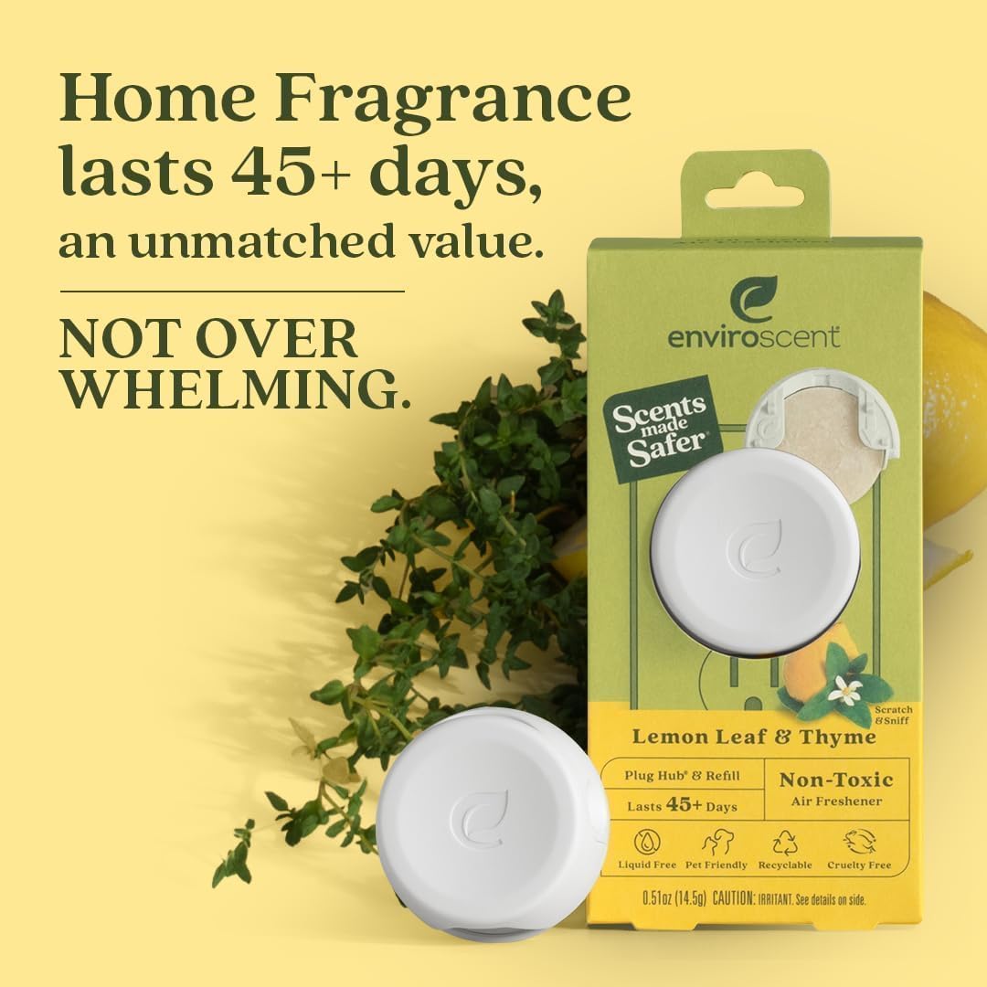 Non-Toxic* Air Freshener Plug-In Plug Hub® Kit for Home, 1 Pack | Non-Toxic* Air Freshener w/ Lemon Leaf & Thyme Scent | Fits Standard Outlets for Daily Use | Pet-Friendly w/ Paper Refill