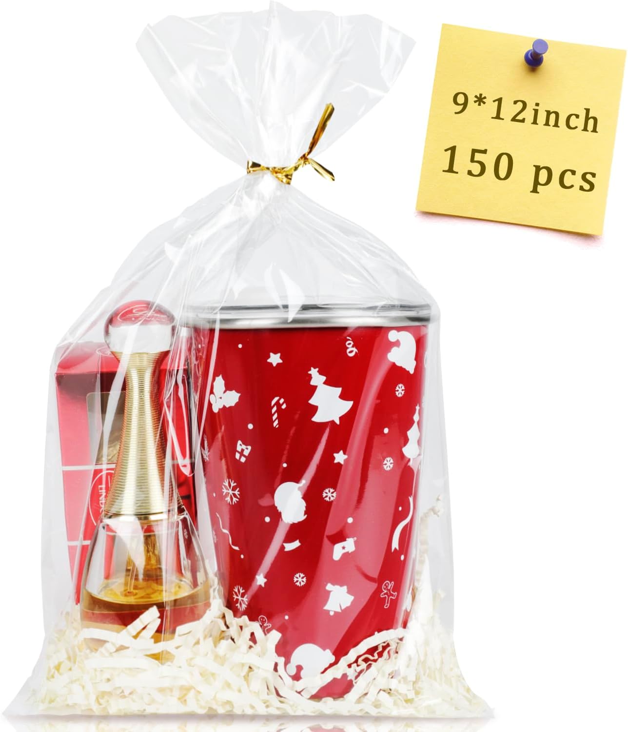 Clear Cellophane Bags,150 Packs 9x12 Inch Gift Warp | Large flat plastic wrap,with gold twist ties,perfect for party favors cookies candy snack, goodie bags or treat packaging
