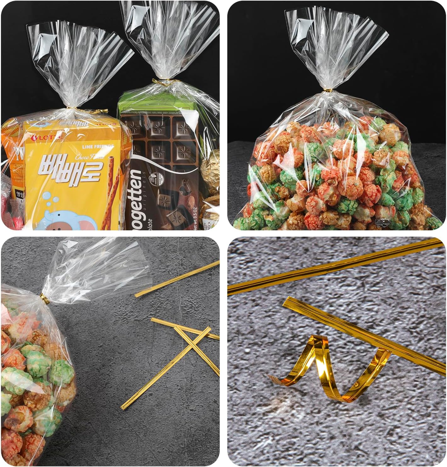 Clear Cellophane Bags,150 Packs 9x12 Inch Gift Warp | Large flat plastic wrap,with gold twist ties,perfect for party favors cookies candy snack, goodie bags or treat packaging