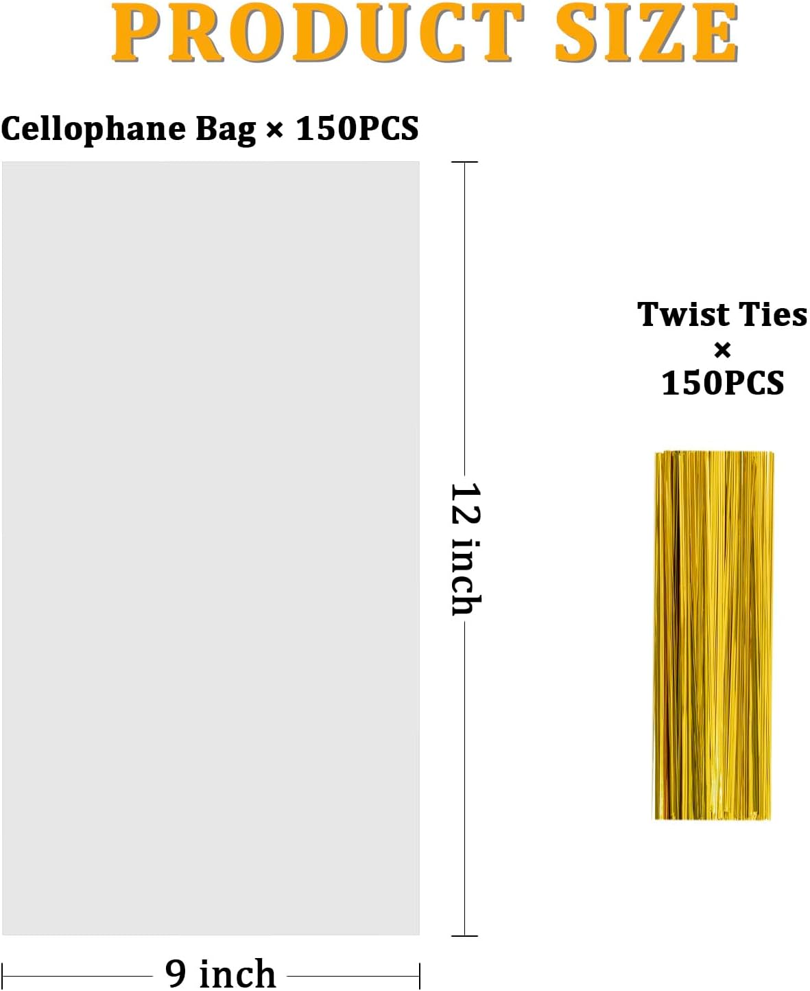 Clear Cellophane Bags,150 Packs 9x12 Inch Gift Warp | Large flat plastic wrap,with gold twist ties,perfect for party favors cookies candy snack, goodie bags or treat packaging