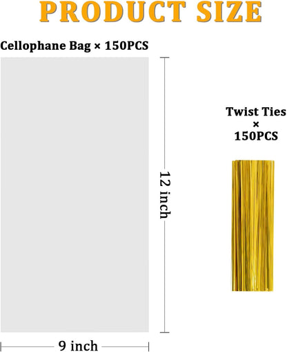 Clear Cellophane Bags,150 Packs 9x12 Inch Gift Warp | Large flat plastic wrap,with gold twist ties,perfect for party favors cookies candy snack, goodie bags or treat packaging