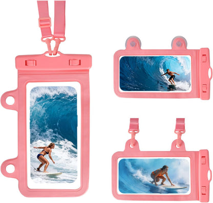 Larger Waterproof Phone Pouch iPhone &Shower Phone Holder Waterproof with 2 Suction Cups,Water Phone Protector Pouch with Adjustable Lanyard for iPhone 17 16 15 ProMax (Pink, 1 PCS)