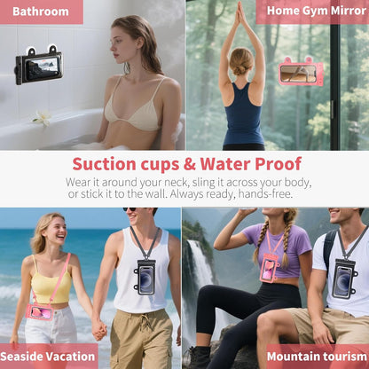 Larger Waterproof Phone Pouch iPhone &Shower Phone Holder Waterproof with 2 Suction Cups,Water Phone Protector Pouch with Adjustable Lanyard for iPhone 17 16 15 ProMax (Pink, 1 PCS)