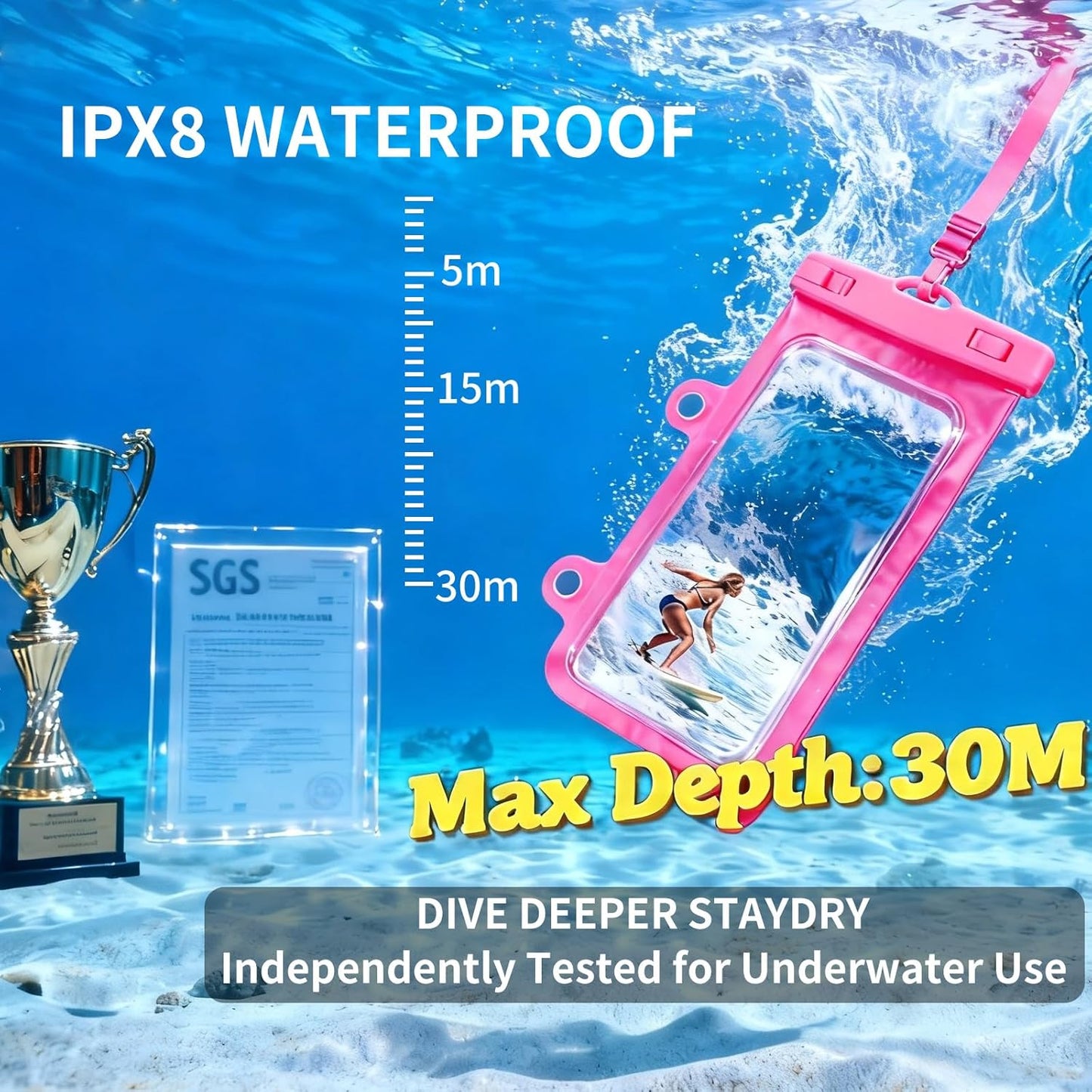 Larger Waterproof Phone Pouch iPhone &Shower Phone Holder Waterproof with 2 Suction Cups,Water Phone Protector Pouch with Adjustable Lanyard for iPhone 17 16 15 ProMax (Pink, 1 PCS)