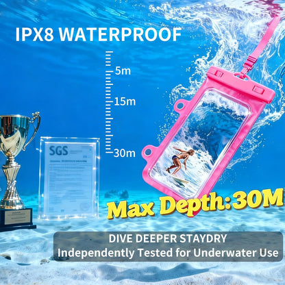 Larger Waterproof Phone Pouch iPhone &Shower Phone Holder Waterproof with 2 Suction Cups,Water Phone Protector Pouch with Adjustable Lanyard for iPhone 17 16 15 ProMax (Pink, 1 PCS)