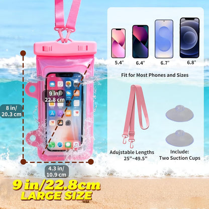 Larger Waterproof Phone Pouch iPhone &Shower Phone Holder Waterproof with 2 Suction Cups,Water Phone Protector Pouch with Adjustable Lanyard for iPhone 17 16 15 ProMax (Pink, 1 PCS)