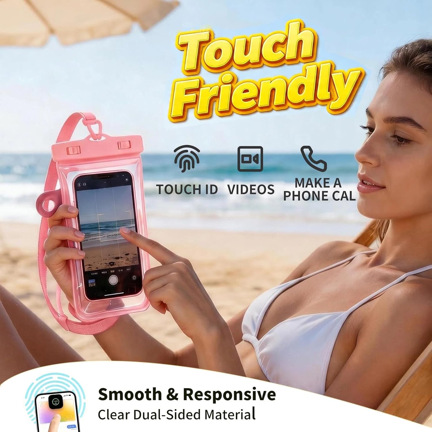 Larger Waterproof Phone Pouch iPhone &Shower Phone Holder Waterproof with 2 Suction Cups,Water Phone Protector Pouch with Adjustable Lanyard for iPhone 17 16 15 ProMax (Pink, 1 PCS)