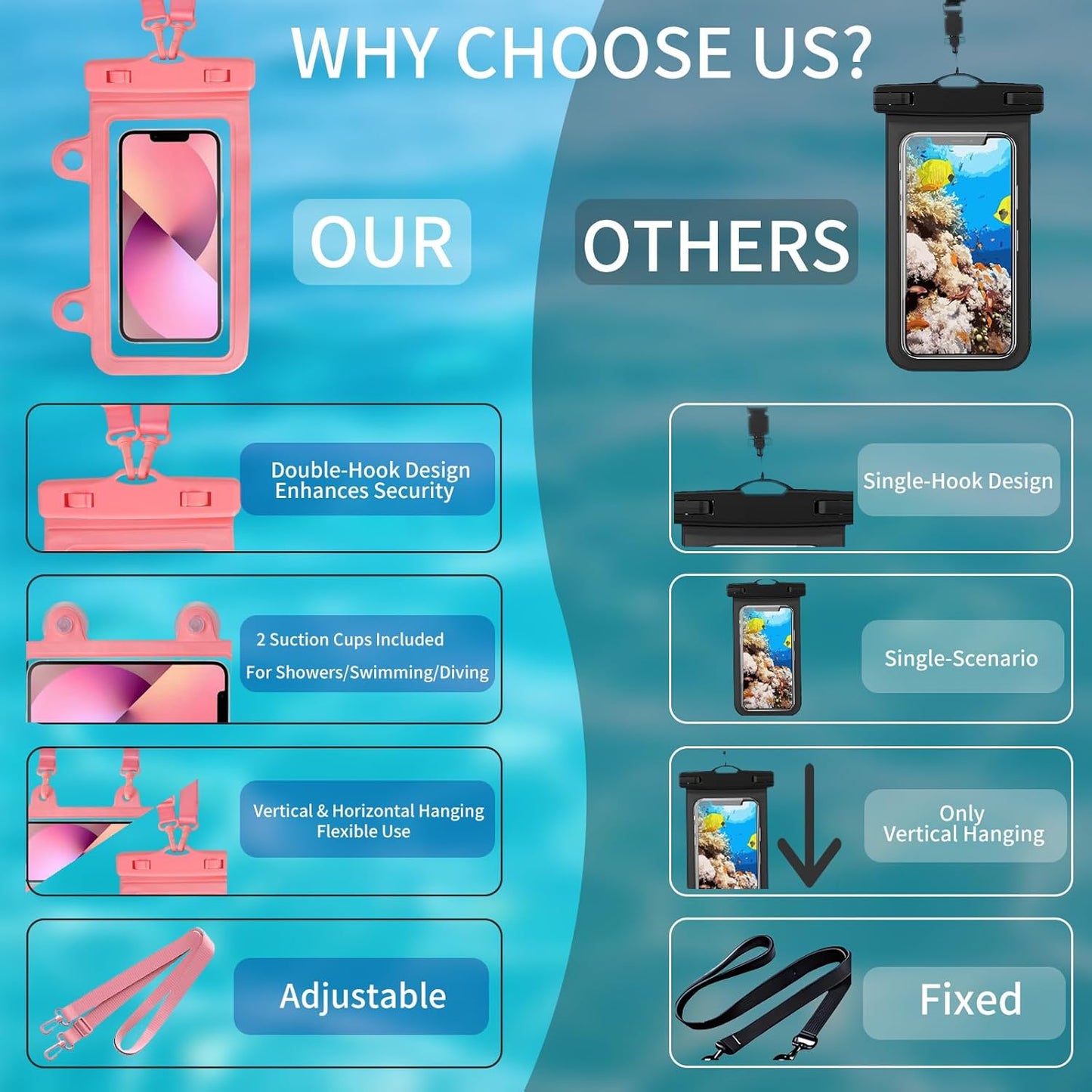 Larger Waterproof Phone Pouch iPhone &Shower Phone Holder Waterproof with 2 Suction Cups,Water Phone Protector Pouch with Adjustable Lanyard for iPhone 17 16 15 ProMax (Pink, 1 PCS)
