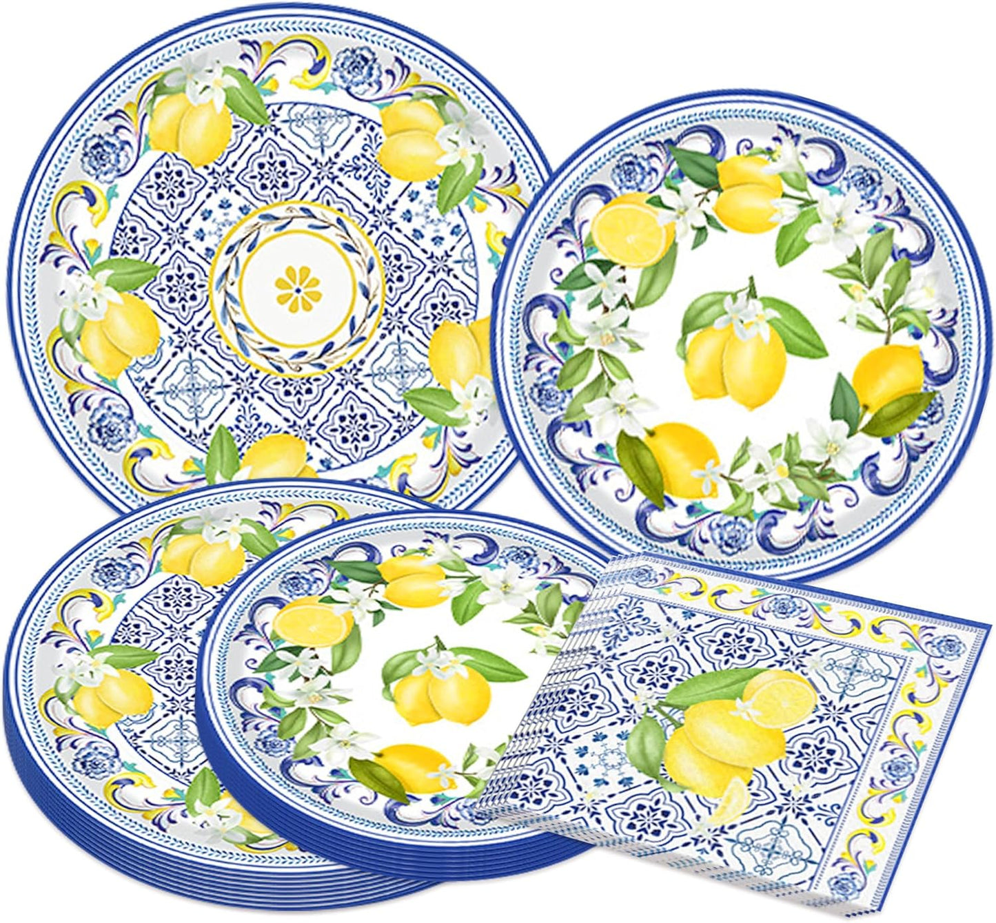 Italian Blue Tile Plates and Napkins Set Capri Lemon Party Decorations Blue and Yellow Lemonade Plates Tableware Decor Lemon Birthday Party Supplies
