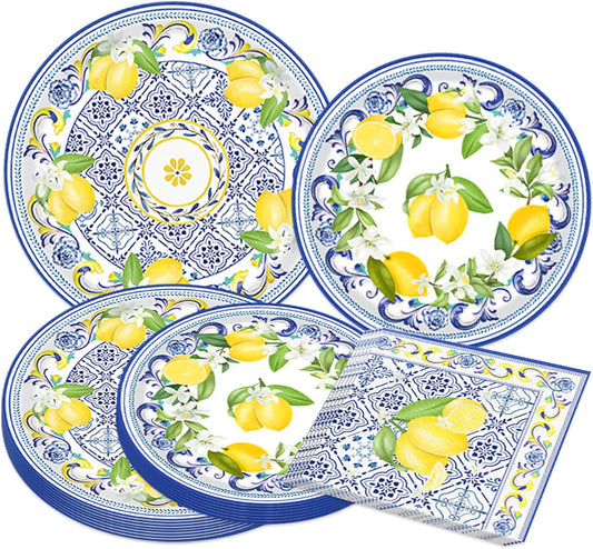 Italian Blue Tile Plates and Napkins Set Capri Lemon Party Decorations Blue and Yellow Lemonade Plates Tableware Decor Lemon Birthday Party Supplies