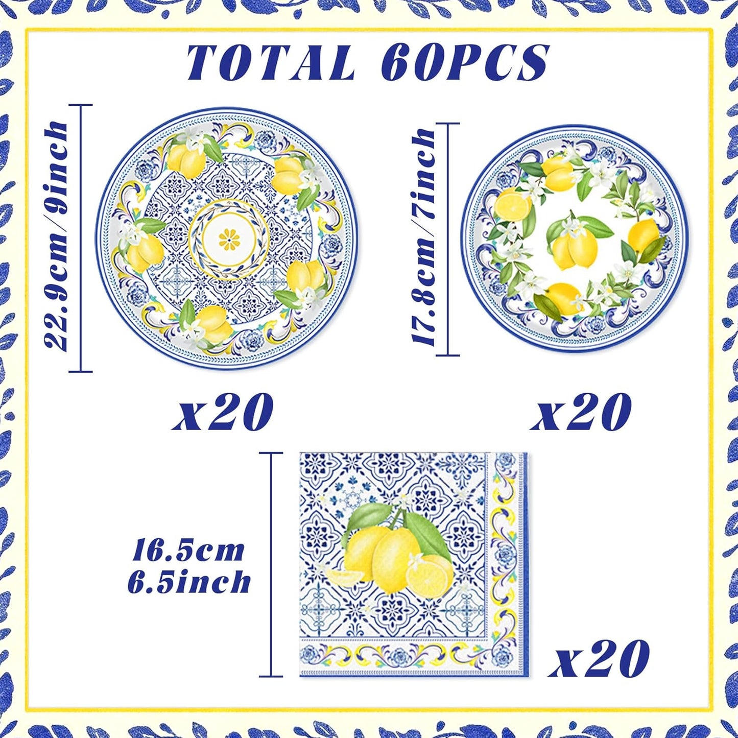 Italian Blue Tile Plates and Napkins Set Capri Lemon Party Decorations Blue and Yellow Lemonade Plates Tableware Decor Lemon Birthday Party Supplies