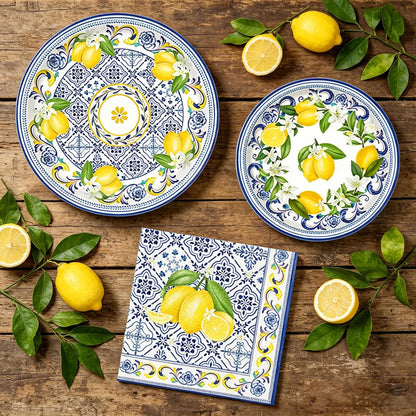 Italian Blue Tile Plates and Napkins Set Capri Lemon Party Decorations Blue and Yellow Lemonade Plates Tableware Decor Lemon Birthday Party Supplies
