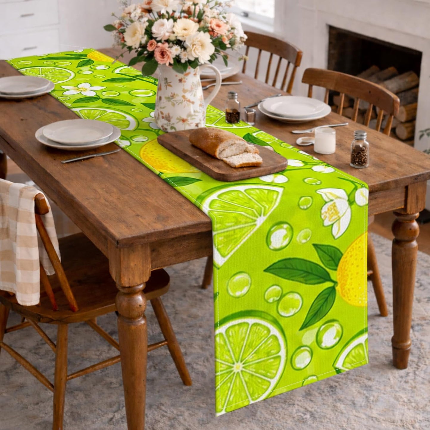 Lemon Lime Table Runner, Vibrant Citrus Floral Kitchen Dining Decor for Spring Summer Family Gatherings 13x72 Inch