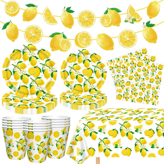 83Pcs Lemon Party Decorations Yellow Lemons Themed Birthday Party Supplies Lemonade Themed Tableware- Plate Napkins Banner for Lemonade Theme Birthday Wedding Shower Supplies Serves 20