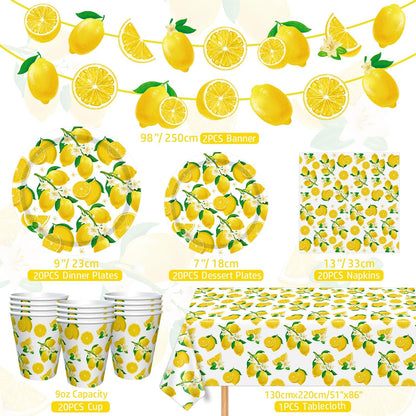 83Pcs Lemon Party Decorations Yellow Lemons Themed Birthday Party Supplies Lemonade Themed Tableware- Plate Napkins Banner for Lemonade Theme Birthday Wedding Shower Supplies Serves 20