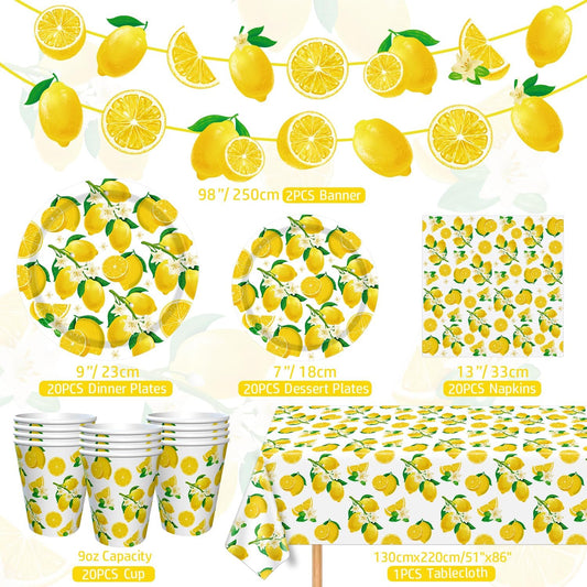 83Pcs Lemon Party Decorations Yellow Lemons Themed Birthday Party Supplies Lemonade Themed Tableware- Plate Napkins Banner for Lemonade Theme Birthday Wedding Shower Supplies Serves 20