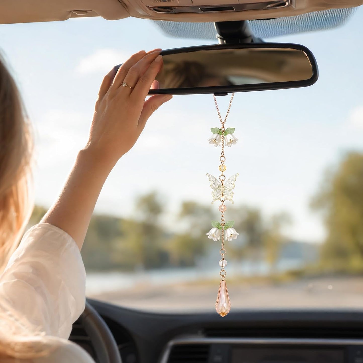 Butterfly Flower Car Rearview Mirror Charm Yellow Lily of Valley | Crystal Rhinestone Design. Features Floral Design. Built-In Mirror. Perfect Car Interior Decoration