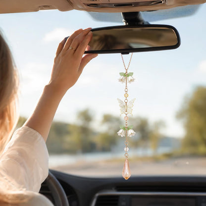 Butterfly Flower Car Rearview Mirror Charm Yellow Lily of Valley | Crystal Rhinestone Design. Features Floral Design. Built-In Mirror. Perfect Car Interior Decoration