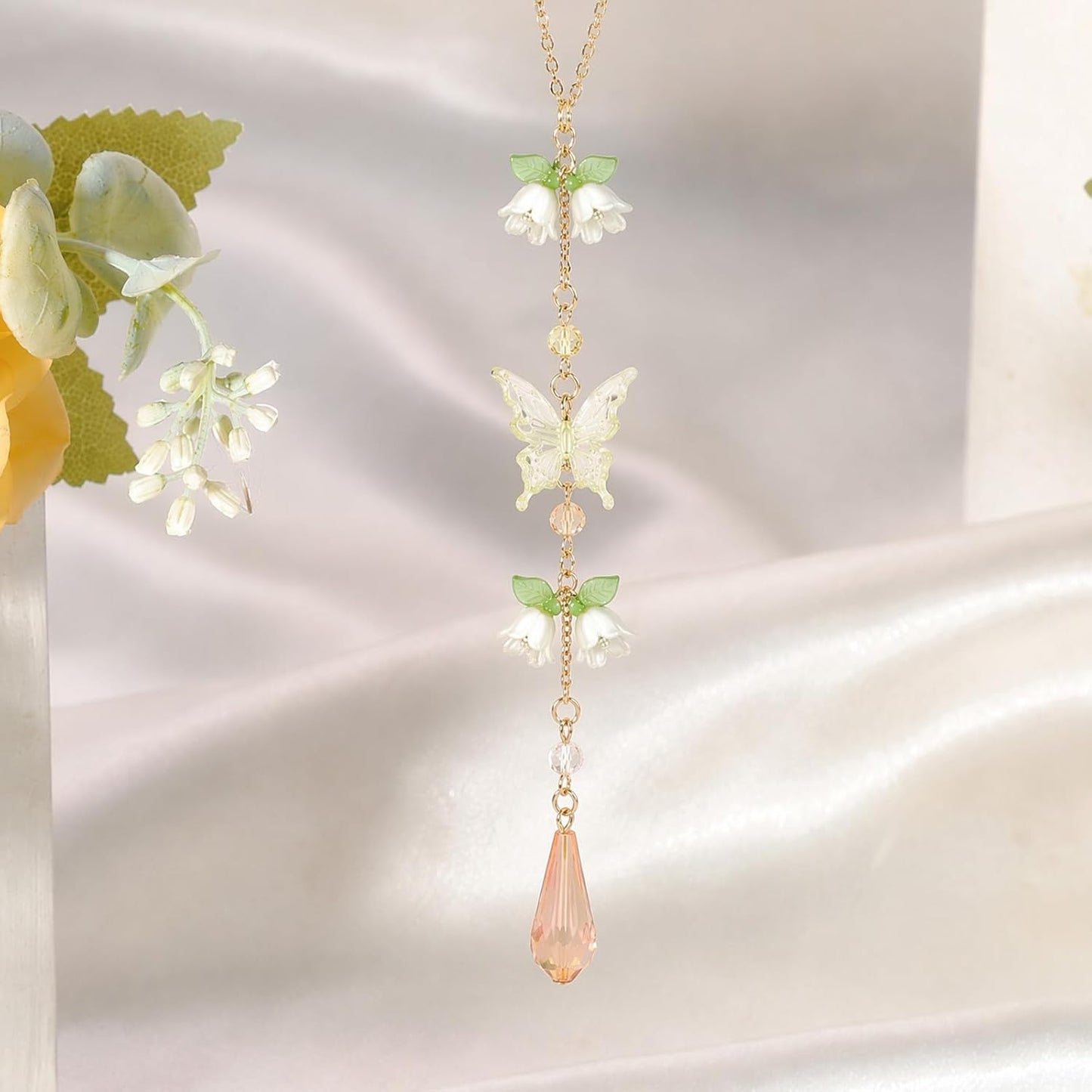 Butterfly Flower Car Rearview Mirror Charm Yellow Lily of Valley | Crystal Rhinestone Design. Features Floral Design. Built-In Mirror. Perfect Car Interior Decoration