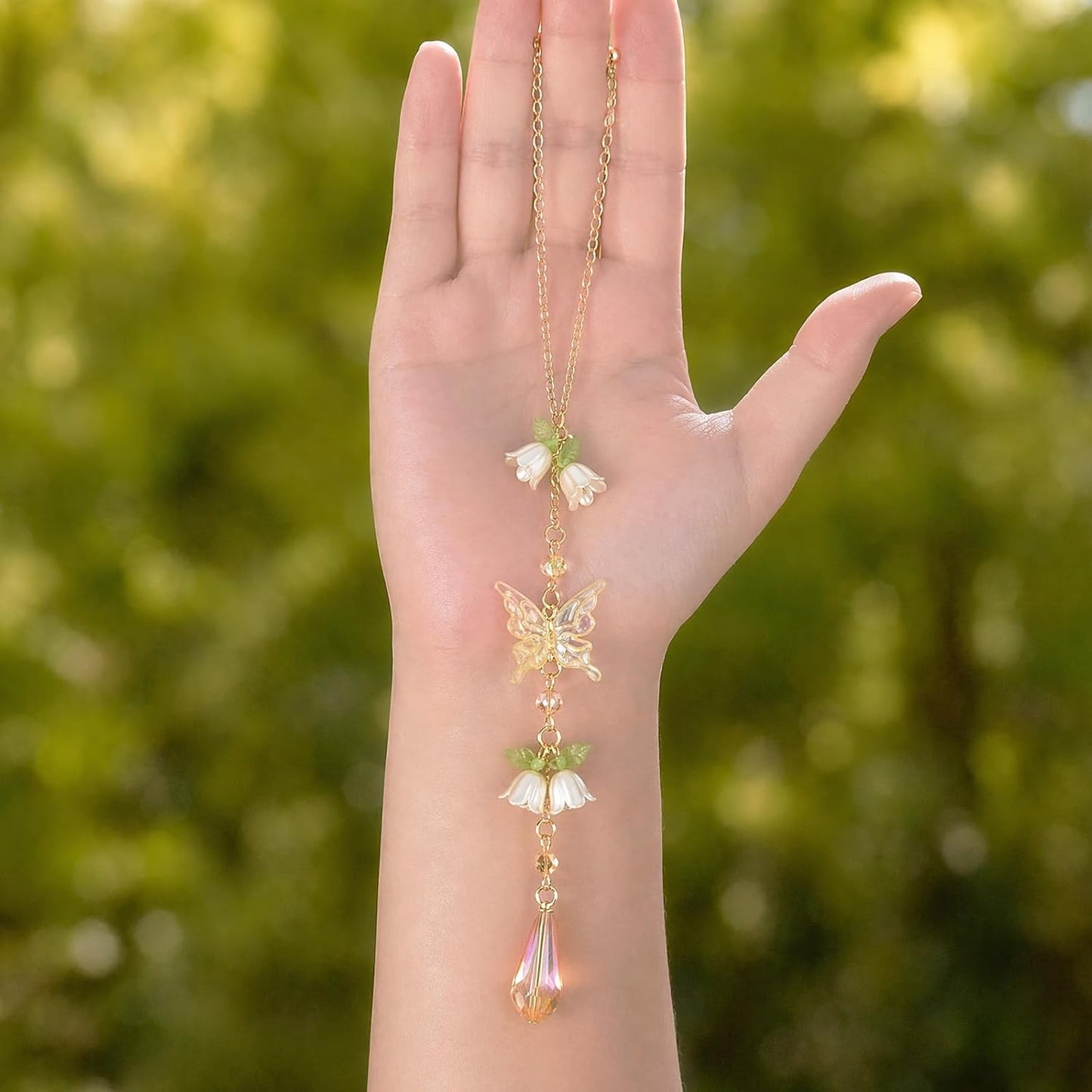 Butterfly Flower Car Rearview Mirror Charm Yellow Lily of Valley | Crystal Rhinestone Design. Features Floral Design. Built-In Mirror. Perfect Car Interior Decoration