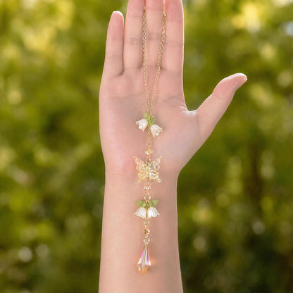 Butterfly Flower Car Rearview Mirror Charm Yellow Lily of Valley | Crystal Rhinestone Design. Features Floral Design. Built-In Mirror. Perfect Car Interior Decoration