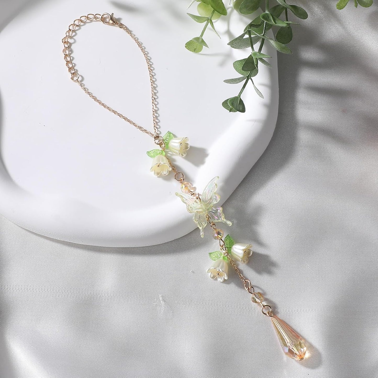 Butterfly Flower Car Rearview Mirror Charm Yellow Lily of Valley | Crystal Rhinestone Design. Features Floral Design. Built-In Mirror. Perfect Car Interior Decoration