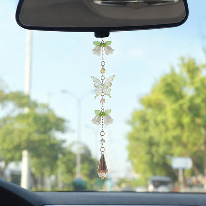 Butterfly Flower Car Rearview Mirror Charm Yellow Lily of Valley | Crystal Rhinestone Design. Features Floral Design. Built-In Mirror. Perfect Car Interior Decoration
