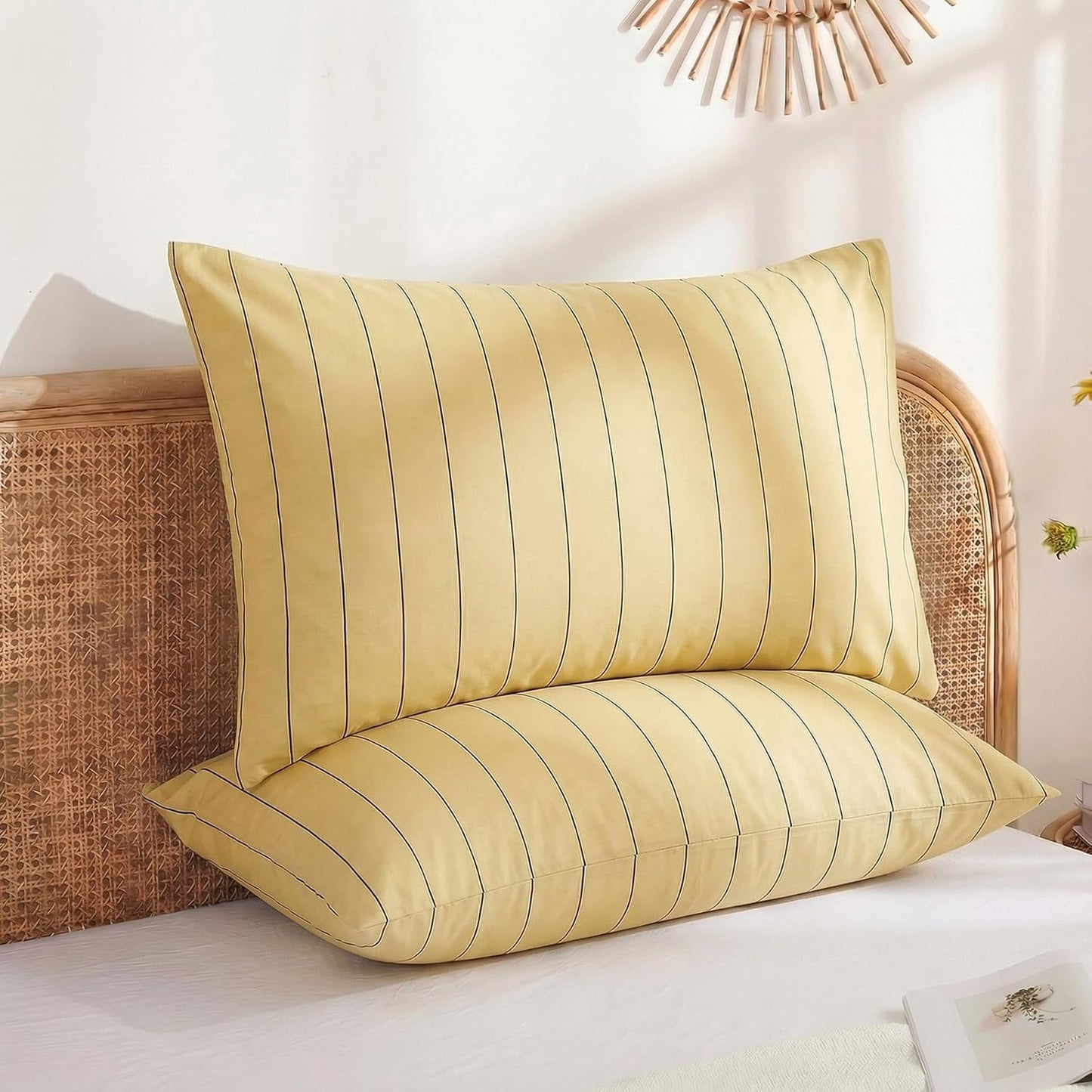 Yellow Striped Pillowcases, 100% Cotton Pillow Cases, Standard Size Pillowcases, Soft Breathable Pinstripe Pillow Covers, Set of 2