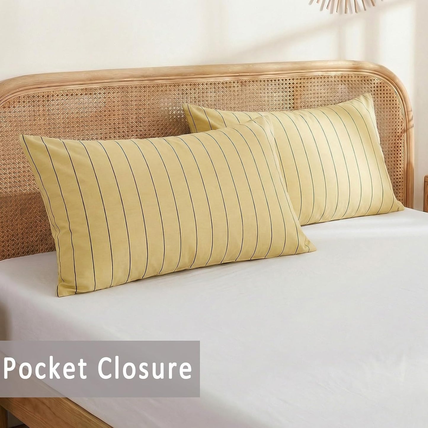 Yellow Striped Pillowcases, 100% Cotton Pillow Cases, Standard Size Pillowcases, Soft Breathable Pinstripe Pillow Covers, Set of 2