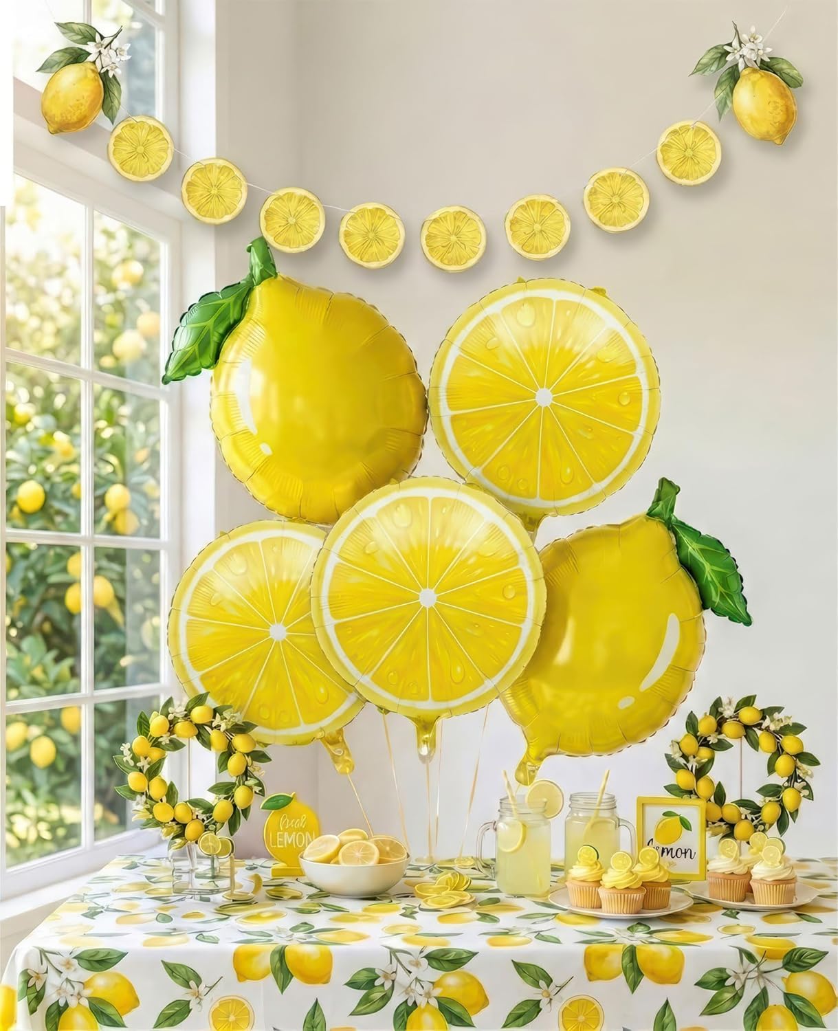 Lemon leaves Lemon foil Balloons Summer lemonade with Banner for Fruit theme birthday she found her main squeeze Bridal Shower Sweet Baby shower Lemonade Centerpiece amalfi coast wedding decorations