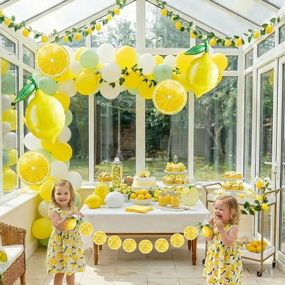 Lemon leaves Lemon foil Balloons Summer lemonade with Banner for Fruit theme birthday she found her main squeeze Bridal Shower Sweet Baby shower Lemonade Centerpiece amalfi coast wedding decorations