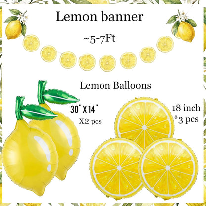Lemon leaves Lemon foil Balloons Summer lemonade with Banner for Fruit theme birthday she found her main squeeze Bridal Shower Sweet Baby shower Lemonade Centerpiece amalfi coast wedding decorations