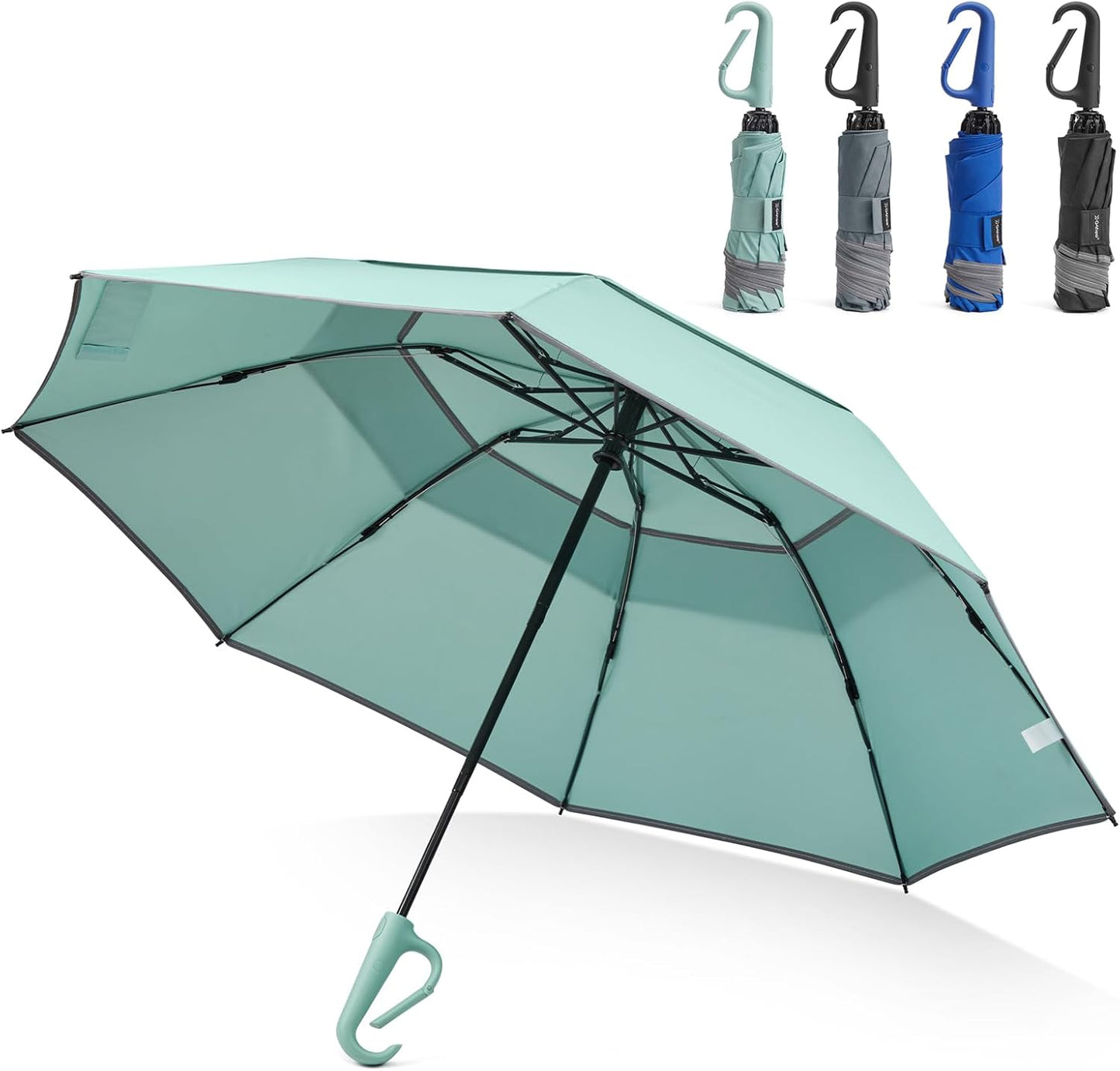 46inch Ring Buckle Umbrella, Inverted Design with Carabiner Handle | Compact Travel Umbrella with Reflective Strip, Automatic Windproof for Rain