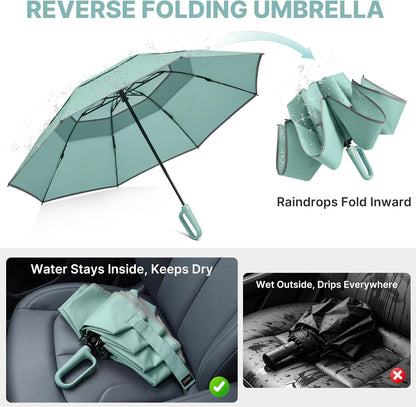 46inch Ring Buckle Umbrella, Inverted Design with Carabiner Handle | Compact Travel Umbrella with Reflective Strip, Automatic Windproof for Rain
