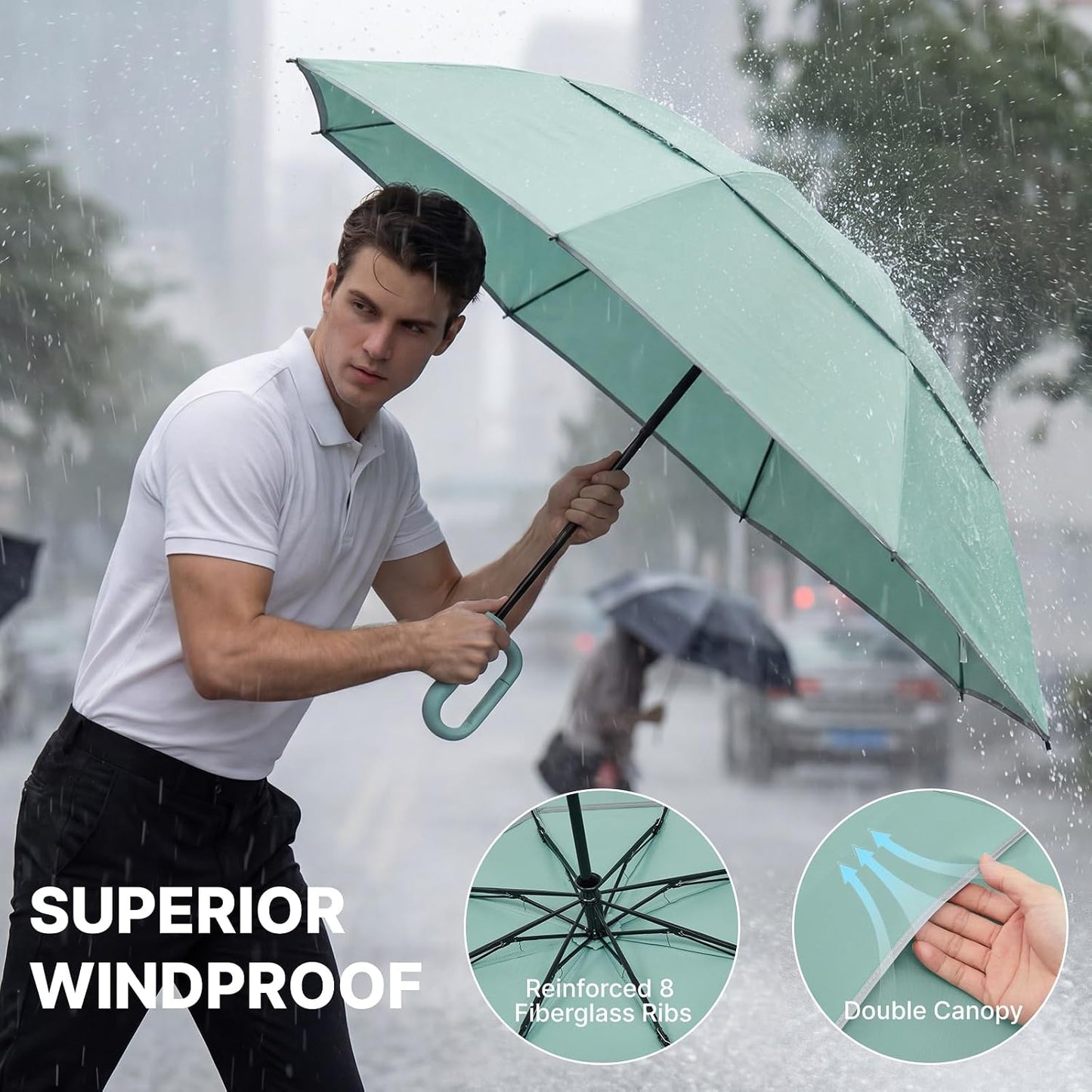 46inch Ring Buckle Umbrella, Inverted Design with Carabiner Handle | Compact Travel Umbrella with Reflective Strip, Automatic Windproof for Rain