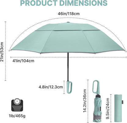 46inch Ring Buckle Umbrella, Inverted Design with Carabiner Handle | Compact Travel Umbrella with Reflective Strip, Automatic Windproof for Rain