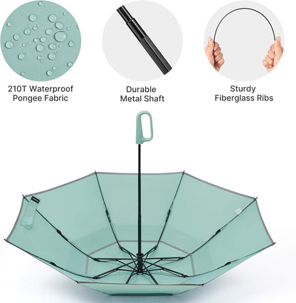 46inch Ring Buckle Umbrella, Inverted Design with Carabiner Handle | Compact Travel Umbrella with Reflective Strip, Automatic Windproof for Rain